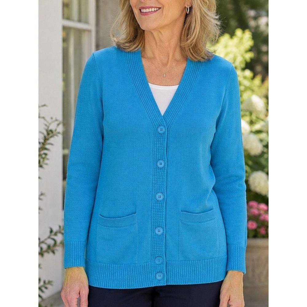 Pendleton Blue V-Neck Button Cardigan Sweater Petite M Cotton Knit Pockets